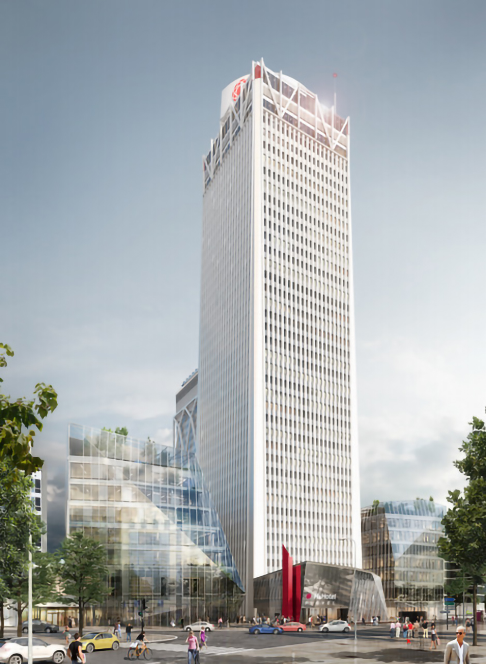 Un gratte-ciel moderne avec une couronne distinctive et un mélange d'architecture en verre et en acier s'élève dans un ciel clair. En contrebas, des scènes de rue animées incluent des piétons, des cyclistes et des voitures. Les environs comprennent de la verdure, des bâtiments plus petits et un panneau Ibis_KAI accrocheur.