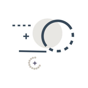 Conception géométrique abstraite de GH & Partners comprenant un grand cercle beige, un demi-cercle foncé avec des lignes pointillées, une petite étoile violette, des arcs en pointillés et diverses lignes et formes sur fond blanc.