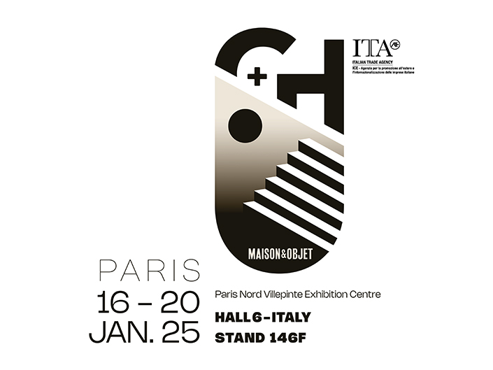 Affiche événementielle pour Maison & Objet au Parc des Expositions de Paris Nord Villepinte, présentant un design abstrait en noir et blanc avec le texte : "Paris 16-20 Jan. 25, Hall 6-Italie, Stand 146F", le logo de l'Agence Commerciale Italienne et GH & Partners : Design et innovation pour l’espace Club VIP & Presse d’EquipHotel Paris 2024.